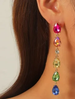 Women's Rainbow Crystal Drop Earrings - Colorful Teardrop Statement Jewelry for Parties and Celebrations