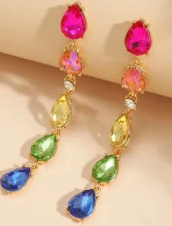 Women's Rainbow Crystal Drop Earrings - Colorful Teardrop Statement Jewelry for Parties and Celebrations