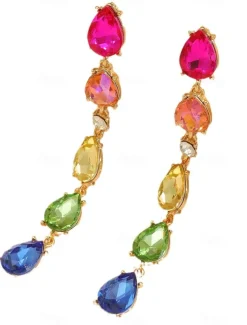 Women's Rainbow Crystal Drop Earrings - Colorful Teardrop Statement Jewelry for Parties and Celebrations