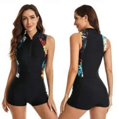 Women's Rash Guard One Piece Swimsuit UV Sun Protection UPF50+ Lightweight Sleeveless Spandex Bodysuit Bathing Suit Front Zip Swimming Surfing Beach Water Sports Floral Printed Summer Spring Autumn