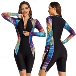 Women's Rash Guard One Piece Swimsuit UV Sun Protection UPF50+ Lightweight Long Sleeve Spandex Bodysuit Bathing Suit Front Zip Swimming Surfing Beach Water Sports Patchwork Summer Spring Autumn