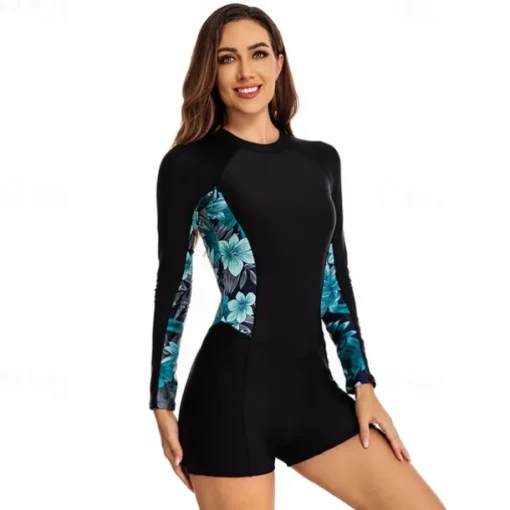Women's Rash Guard One Piece Swimsuit UV Sun Protection UPF50+ Lightweight Long Sleeve Spandex Bodysuit Bathing Suit Back Zip Swimming Surfing Beach Water Sports Floral Printed Summer Spring Autumn