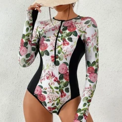 Women's Rash Guard One Piece Swimsuit Lightweight Sleeveless Bodysuit Bathing Suit Front Zip Swimming Surfing Beach Water Sports Floral Printed Summer Spring Autumn