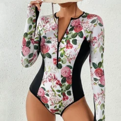 Women's Rash Guard One Piece Swimsuit Lightweight Sleeveless Bodysuit Bathing Suit Front Zip Swimming Surfing Beach Water Sports Floral Printed Summer Spring Autumn