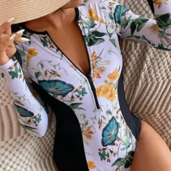Women's Rash Guard One Piece Swimsuit Lightweight Sleeveless Bodysuit Bathing Suit Front Zip Swimming Surfing Beach Water Sports Floral Printed Summer Spring Autumn