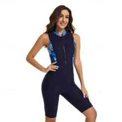 Women's Rash Guard One Piece Swimsuit UV Sun Protection UPF50+ Lightweight Sleeveless Spandex Bodysuit Bathing Suit Front Zip Swimming Surfing Beach Water Sports Patchwork Printed Summer Spring Autumn