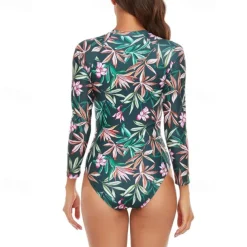 Women's Rash Guard One Piece Swimsuit Lightweight Long Sleeve Bodysuit Bathing Suit Front Zip Swimming Surfing Beach Water Sports Floral Patchwork Printed Summer Spring Autumn