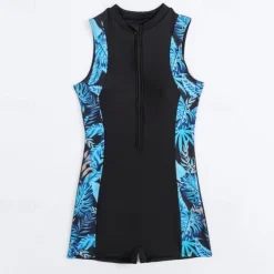 Women's Rash Guard One Piece Swimsuit Lightweight Sleeveless Bodysuit Bathing Suit Front Zip Swimming Surfing Beach Water Sports Tropical Printed Summer Spring Autumn
