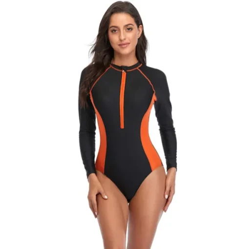 Women's Rash Guard One Piece Swimsuit UV Sun Protection UPF50+ Breathable Long Sleeve Bodysuit Bathing Suit Front Zip Swimming Surfing Beach Water Sports Patchwork Autumn / Fall Spring Summer
