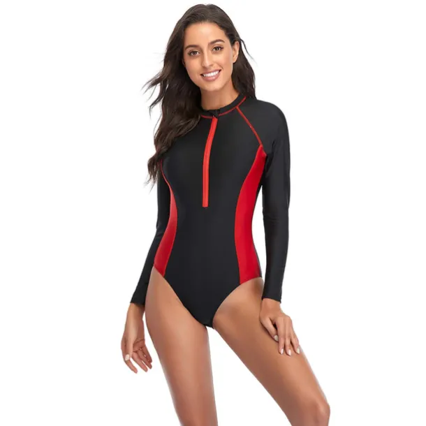 Women's Rash Guard One Piece Swimsuit UV Sun Protection UPF50+ Breathable Long Sleeve Bodysuit Bathing Suit Front Zip Swimming Surfing Beach Water Sports Patchwork Autumn / Fall Spring Summer