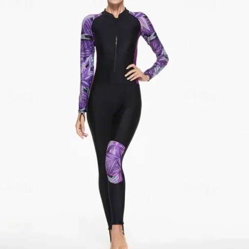Women's Rash Guard One Piece Swimsuit Lightweight Long Sleeve Bodysuit Bathing Suit Removable Pad Front Zip Swimming Surfing Beach Water Sports Floral Patchwork Printed Summer Spring Autumn