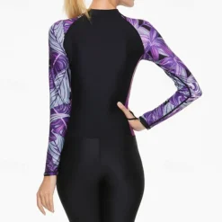 Women's Rash Guard One Piece Swimsuit Lightweight Long Sleeve Bodysuit Bathing Suit Removable Pad Front Zip Swimming Surfing Beach Water Sports Floral Patchwork Printed Summer Spring Autumn