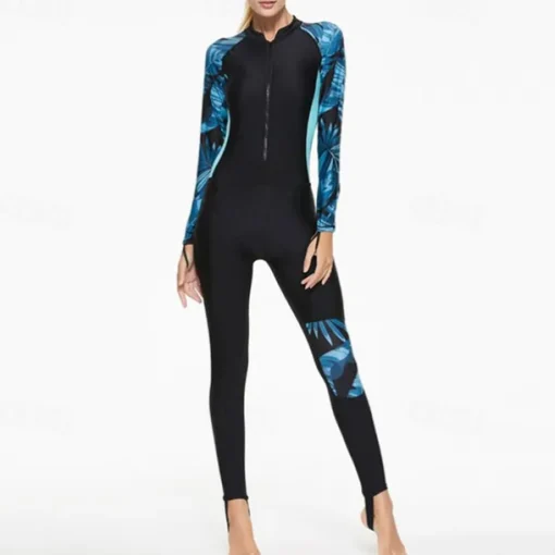 Women's Rash Guard One Piece Swimsuit Lightweight Long Sleeve Bodysuit Bathing Suit Removable Pad Front Zip Swimming Surfing Beach Water Sports Floral Patchwork Printed Summer Spring Autumn