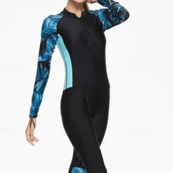 Women's Rash Guard One Piece Swimsuit Lightweight Long Sleeve Bodysuit Bathing Suit Removable Pad Front Zip Swimming Surfing Beach Water Sports Floral Patchwork Printed Summer Spring Autumn