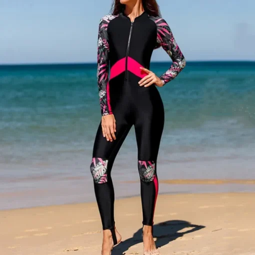 Women's Rash Guard One Piece Swimsuit Lightweight Long Sleeve Bodysuit Bathing Suit Removable Pad Front Zip Swimming Surfing Beach Water Sports Floral Patchwork Printed Summer Spring Autumn