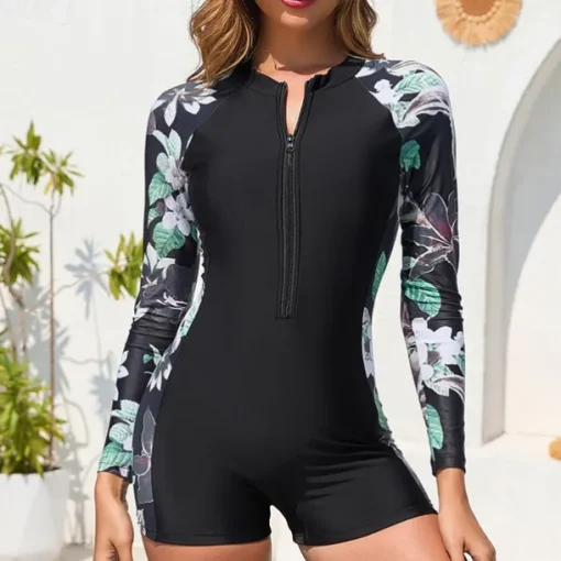 Women's Rash Guard One Piece Swimsuit Lightweight Long Sleeve Bodysuit Bathing Suit Front Zip Swimming Surfing Beach Water Sports Floral Printed Summer Spring Autumn