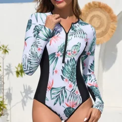 Women's Rash Guard One Piece Swimsuit Lightweight Sleeveless Bodysuit Bathing Suit Front Zip Swimming Surfing Beach Water Sports Printed Summer Spring Autumn