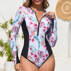Women's Rash Guard One Piece Swimsuit Lightweight Sleeveless Bodysuit Bathing Suit Front Zip Swimming Surfing Beach Water Sports Printed Summer Spring Autumn