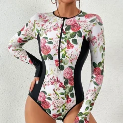 Women's Rash Guard One Piece Swimsuit Lightweight Long Sleeve Bodysuit Bathing Suit Swimming Surfing Beach Water Sports Printed Summer Spring Autumn