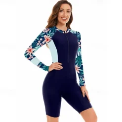 Women's Rash Guard One Piece Swimsuit UV Sun Protection UPF50+ Lightweight Long Sleeve Spandex Bodysuit Bathing Suit Front Zip Swimming Surfing Beach Water Sports Floral Summer Spring Autumn