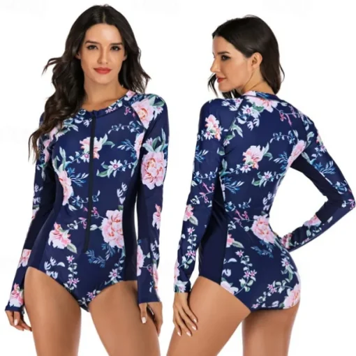 Women's Rash Guard One Piece Swimsuit UV Sun Protection UPF50+ Lightweight Long Sleeve Spandex Bodysuit Bathing Suit Front Zip Swimming Surfing Beach Water Sports Floral Summer Spring Autumn