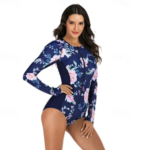 Women's Rash Guard One Piece Swimsuit UV Sun Protection UPF50+ Lightweight Long Sleeve Spandex Bodysuit Bathing Suit Front Zip Swimming Surfing Beach Water Sports Floral Summer Spring Autumn