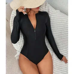 Women's Rash Guard One Piece Swimsuit Lightweight Long Sleeve Bodysuit Bathing Suit Front Zip Swimming Surfing Beach Water Sports Solid Colored Summer Spring Autumn