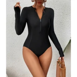 Women's Rash Guard One Piece Swimsuit Lightweight Long Sleeve Bodysuit Bathing Suit Front Zip Swimming Surfing Beach Water Sports Solid Colored Summer Spring Autumn