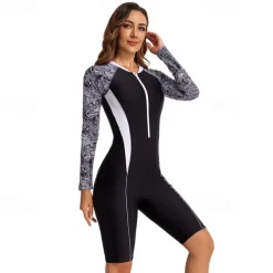 Women's Rash Guard One Piece Swimsuit UV Sun Protection UPF50+ Lightweight Long Sleeve Spandex Bodysuit Bathing Suit Front Zip Swimming Surfing Beach Water Sports Printed Summer Spring Autumn