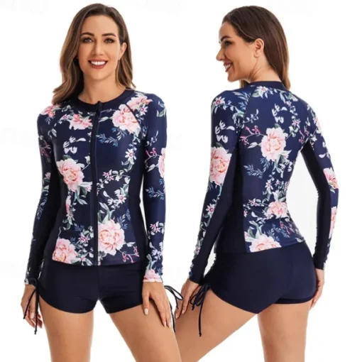 Women's Rash guard Swimsuit UV Sun Protection UPF50+ Lightweight Long Sleeve Spandex Swimwear Swimsuit 2 Piece Front Zip Swimming Surfing Beach Water Sports Floral Summer Spring Autumn