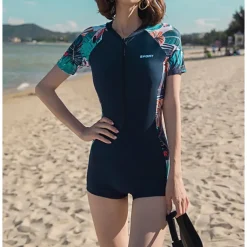 Women's Rash guard Swimsuit UV Sun Protection Breathable Quick Dry Short Sleeve Swimwear Bathing Suit Front Zip Swimming Surfing Water Sports Floral Summer