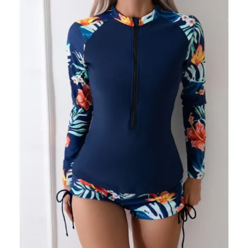 Women's Rash guard Swimsuit Lightweight Long Sleeve Swimwear Swimsuit 2 Piece Front Zip Swimming Surfing Beach Water Sports Floral Patchwork Printed Summer Spring Autumn