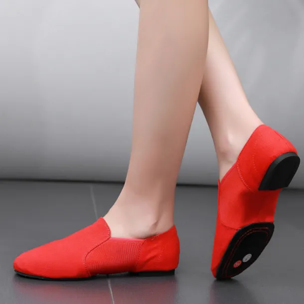 Women's Red Canvas Jazz Dance Shoes – Soft Sole Slip-On Ballet Flats for Latin, Modern, and Stage Performances
