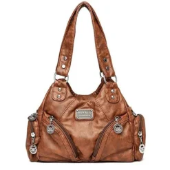 Women's Red Faux Leather Shoulder Handbag with Zipper Pockets and Metal Accents – Stylish Everyday Tote for Casual and Work Outfits