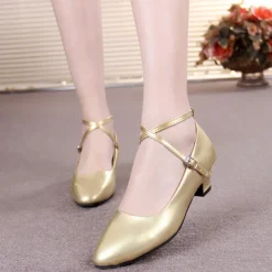 Women's Red Faux Patent Leather Dance Shoes – Strappy Mary Jane Heels with Comfortable Low Block Heel, Elegant Ballroom and Party Footwear