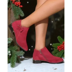 Women's Red Faux Suede Ankle Boots – Low Heel Booties with Side Bow for Winter Outfits, Christmas Parties and Casual Shopping