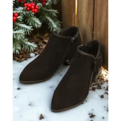 Women's Red Faux Suede Ankle Boots – Low Heel Booties with Side Bow for Winter Outfits, Christmas Parties and Casual Shopping