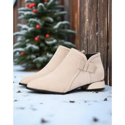 Women's Red Faux Suede Ankle Boots – Low Heel Booties with Side Bow for Winter Outfits, Christmas Parties and Casual Shopping