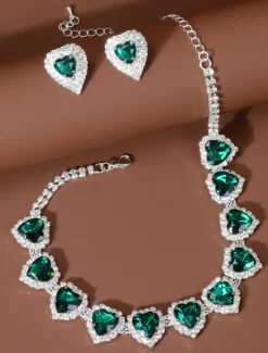 Women's Red Heart Crystal Necklace and Earrings Set - Elegant Silver-Plated Jewelry for Weddings, Parties, and Formal Events
