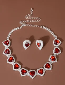 Women's Red Heart Crystal Necklace and Earrings Set - Elegant Silver-Plated Jewelry for Weddings, Parties, and Formal Events