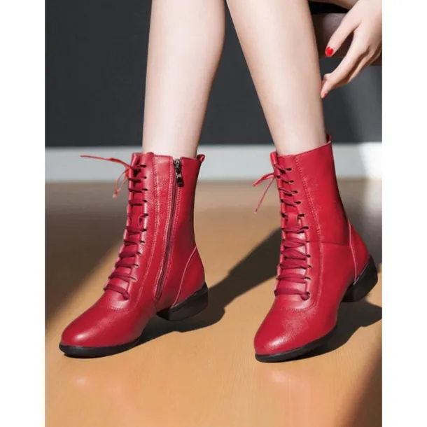 Women's Red Lace-Up Dance Boots - Soft Sole Ankle Boots with Side Zipper for Jazz, Practice and Performance