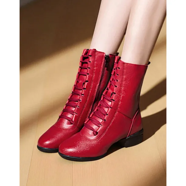 Women's Red Lace-Up Dance Boots - Soft Sole Ankle Boots with Side Zipper for Jazz, Practice and Performance