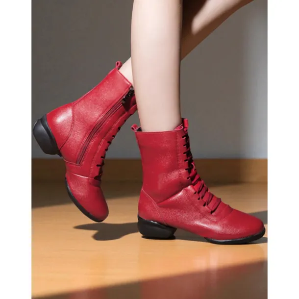 Women's Red Lace-Up Dance Boots - Soft Sole Ankle Boots with Side Zipper for Jazz, Practice and Performance