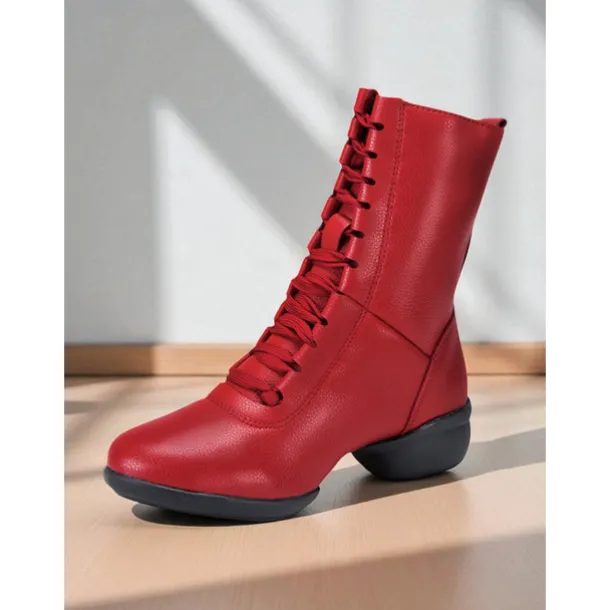 Women's Red Lace-Up Dance Boots - Soft Sole Ankle Boots with Side Zipper for Jazz, Practice and Performance