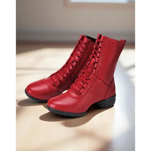 Women's Red Lace-Up Dance Boots - Soft Sole Ankle Boots with Side Zipper for Jazz, Practice and Performance
