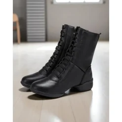 Women's Red Lace-Up Dance Boots - Soft Sole Ankle Boots with Side Zipper for Jazz, Practice and Performance