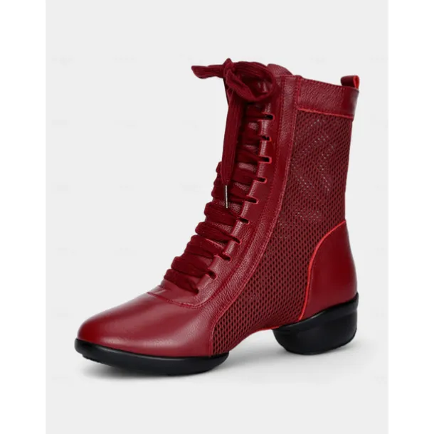 Women's Red Lace-Up Dance Boots with Mesh Panels and Low Heel, Ideal for Jazz, Ballroom, and Latin Dance Performances