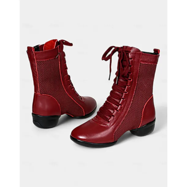 Women's Red Lace-Up Dance Boots with Mesh Panels and Low Heel, Ideal for Jazz, Ballroom, and Latin Dance Performances