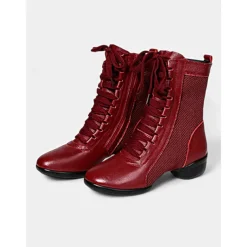 Women's Red Lace-Up Dance Boots with Mesh Panels and Low Heel, Ideal for Jazz, Ballroom, and Latin Dance Performances