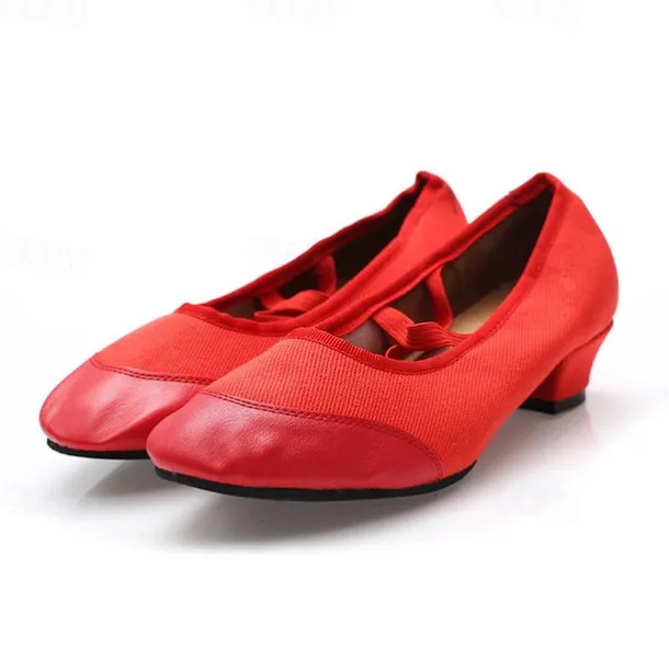 Women's Red Low-Heel Dance Shoes with Elastic Cross Straps – Comfortable and Lightweight Design for Ballet, Jazz, and Performance